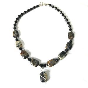 Silver Tone Natural Stone Beaded Necklace Round Colorful Wire Wrapped Handmade